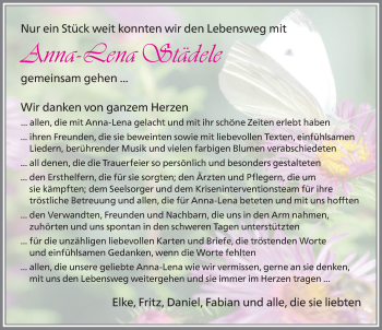 Traueranzeige von Anna-Lena Städele von Allgäuer Zeitung, Kaufbeuren/Buchloe