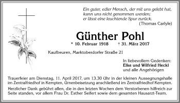 Traueranzeige von Günther Pohl von Allgäuer Zeitung