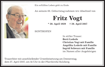 Traueranzeige von Fritz Vogt von Allgäuer Anzeigeblatt