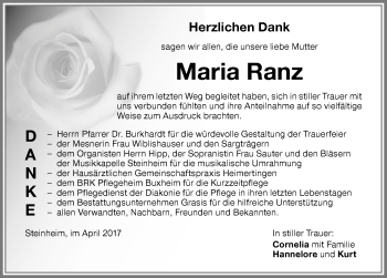 Traueranzeige von Maria Ranz von Memminger Zeitung