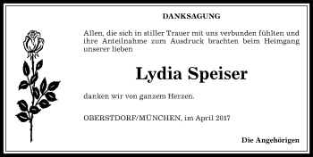 Traueranzeige von Lydia Speiser von Allgäuer Anzeigeblatt