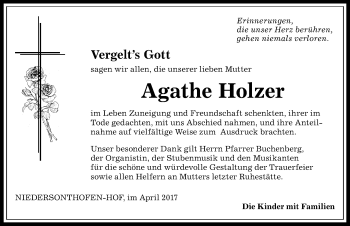 Traueranzeige von Agathe Holzer von Allgäuer Anzeigeblatt