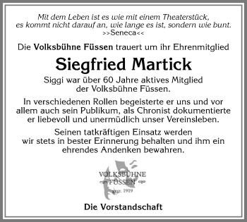 Traueranzeige von Siegfried Martick von Allgäuer Zeitung, Füssen