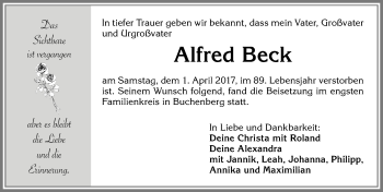 Traueranzeige von Alfred Beck von Allgäuer Zeitung,Kempten