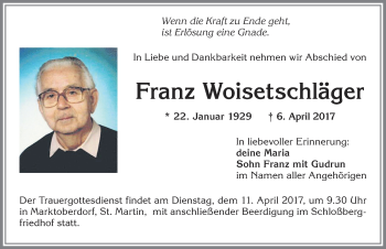 Traueranzeige von Franz Woisetschläger von Allgäuer Zeitung, Marktoberdorf