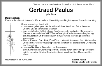 Traueranzeige von Gertraud Paulus von Allgäuer Zeitung, Kaufbeuren/Buchloe