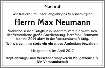 Traueranzeige von Max Neumann von Allgäuer Zeitung, Kaufbeuren/Buchloe