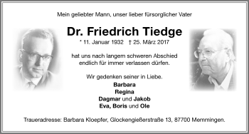 Traueranzeige von Friedrich Tiedge von Memminger Zeitung