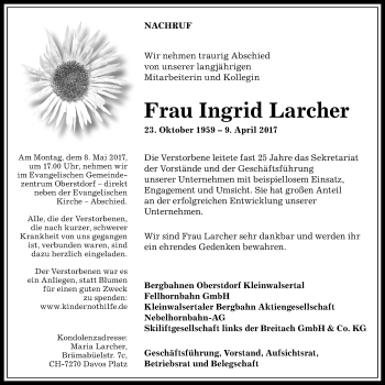 Traueranzeige von Ingrid Larcher von Allgäuer Anzeigeblatt