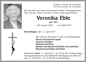 Traueranzeige von Veronika Eble von Allgäuer Zeitung, Marktoberdorf