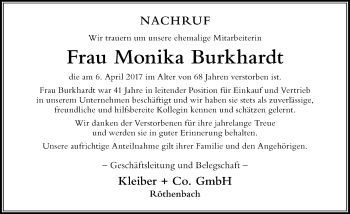 Traueranzeige von Monika Burghardt von Der Westallgäuer