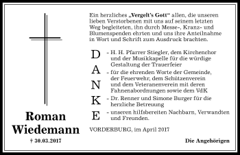 Traueranzeige von Roman Wiedemann von Allgäuer Anzeigeblatt