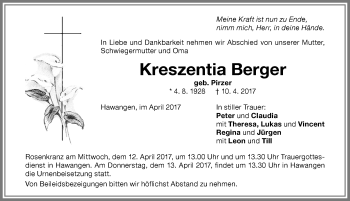 Traueranzeige von Kreszentia Berger von Memminger Zeitung