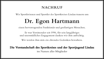 Traueranzeige von Egon Hartmann von Der Westallgäuer