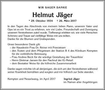 Traueranzeige von Helmut Jäger von Allgäuer Zeitung,Kempten