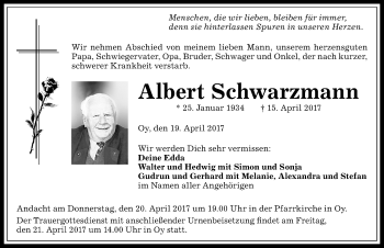 Traueranzeige von Albert Schwarzmann von Allgäuer Anzeigeblatt