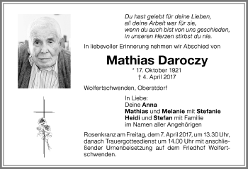 Traueranzeige von Mathias Daroczy von Memminger Zeitung
