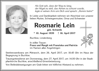 Traueranzeige von Rosmarie Lein von Allgäuer Zeitung, Kaufbeuren/Buchloe