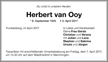 Traueranzeige von Herbert  van Ooy von Memminger Zeitung