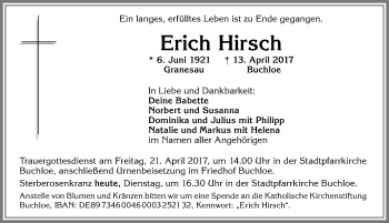 Traueranzeige von Erich Hirsch von Allgäuer Zeitung, Kaufbeuren/Buchloe