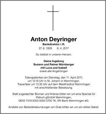 Traueranzeige von Anton Deyringer von Memminger Zeitung