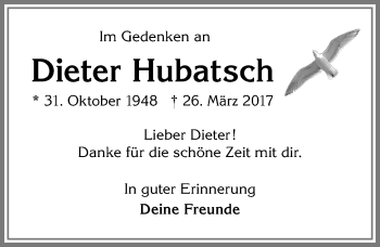 Traueranzeige von Dieter Hubatsch von Allgäuer Zeitung, Füssen