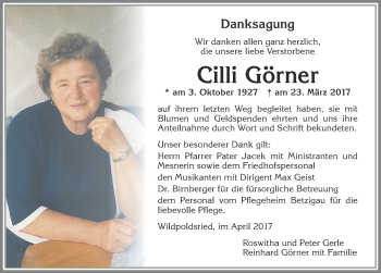 Traueranzeige von Cilli Görner von Allgäuer Zeitung