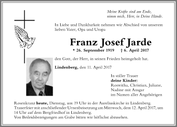 Traueranzeige von Franz Josef Jarde von Der Westallgäuer