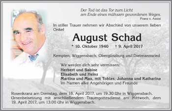Traueranzeige von August Schad von Allgäuer Zeitung,Kempten