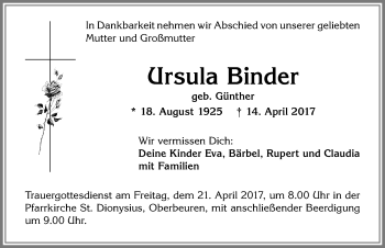 Traueranzeige von Ursula Binder von Allgäuer Zeitung, Kaufbeuren/Buchloe