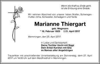Traueranzeige von Marianne Thiergart von Memminger Zeitung