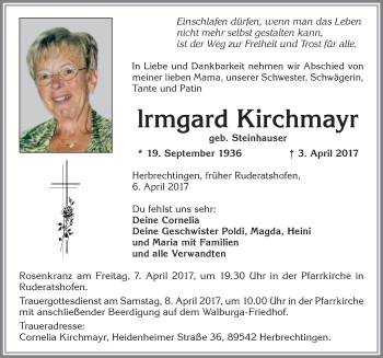 Traueranzeige von Irmgard Kirchmayr von Allgäuer Zeitung, Marktoberdorf