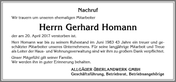 Traueranzeige von Gerhard Homann von Allgäuer Zeitung,Kempten