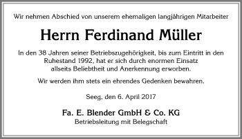 Traueranzeige von Ferdinand Müller von Allgäuer Zeitung, Füssen