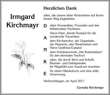 Traueranzeige von Irmgard Kirchmayr von Allgäuer Zeitung, Marktoberdorf