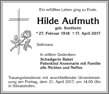 Traueranzeige von Hilde Aufmuth von Allgäuer Zeitung,Kempten