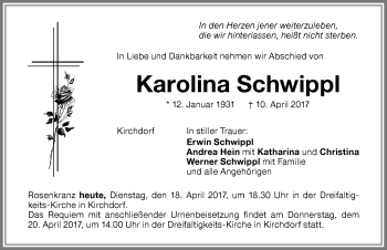 Traueranzeige von Karolina Schwippl von Memminger Zeitung