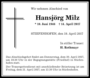 Traueranzeige von Hansjörg Milz von Der Westallgäuer