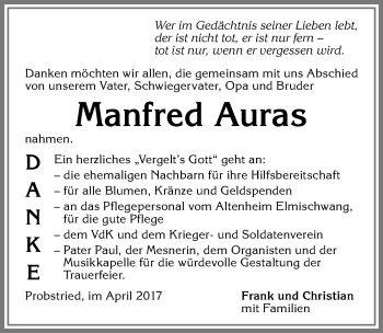 Traueranzeige von Manfred Auras von Allgäuer Zeitung,Kempten