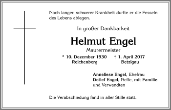 Traueranzeige von Helmut Engel von Allgäuer Zeitung,Kempten