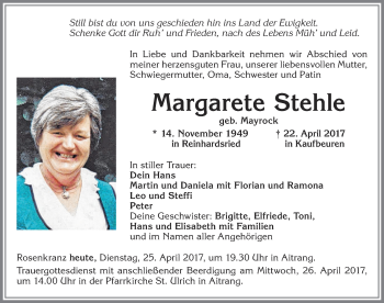 Traueranzeige von Margarete Stehle von Allgäuer Zeitung, Marktoberdorf