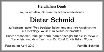 Traueranzeige von Dieter Schmid von Allgäuer Zeitung, Füssen