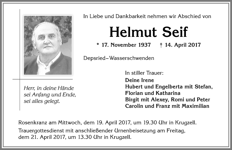  Traueranzeige für Helmut Seif vom 18.04.2017 aus Allgäuer Zeitung,Kempten