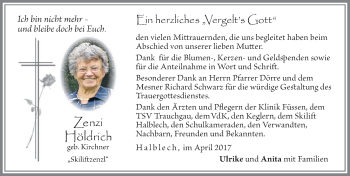 Traueranzeige von Zenzi Höldrich von Allgäuer Zeitung, Füssen