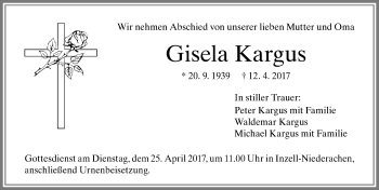 Traueranzeige von Gisela Kargus von Allgäuer Zeitung,Kempten