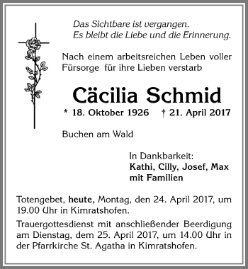 Traueranzeige von Cäcilia Schmid von Allgäuer Zeitung,Kempten