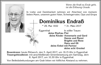 Traueranzeige von Dominikus Endraß von Allgäuer Zeitung, Kaufbeuren/Buchloe