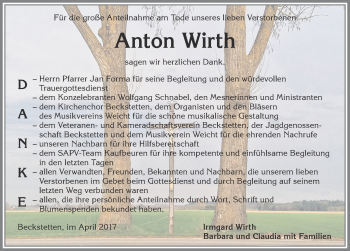 Traueranzeige von Anton Wirth von Allgäuer Zeitung, Kaufbeuren/Buchloe