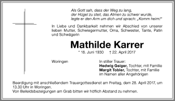 Traueranzeige von Mathilde Karrer von Memminger Zeitung
