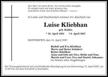 Traueranzeige von Luise Kliebhan von Allgäuer Anzeigeblatt